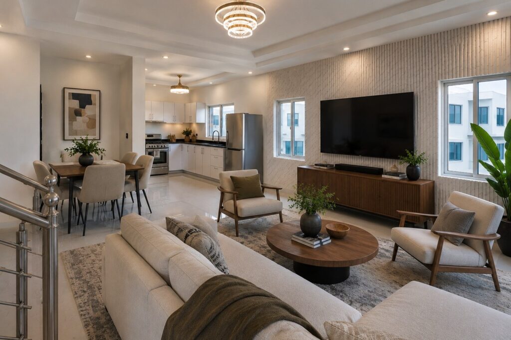 Staged living room in a Smart Brother Construction Group home, Liberia